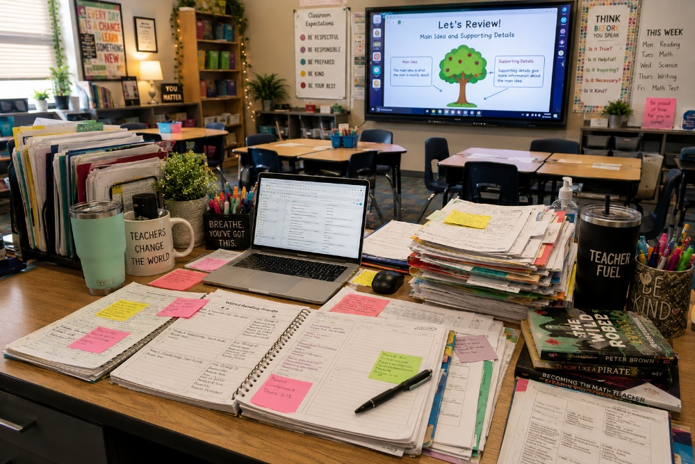 Teacher reading with elementary students in a classroom